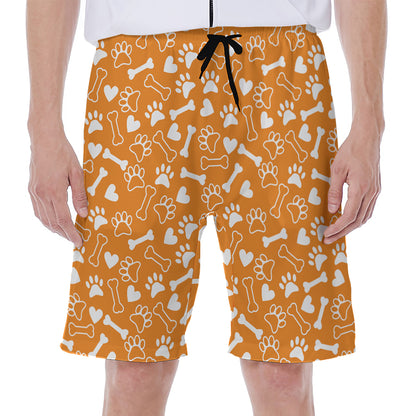 Orange Paw And Bone Pattern Print Men's Beach Shorts