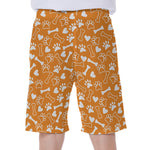 Orange Paw And Bone Pattern Print Men's Beach Shorts