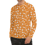 Orange Paw And Bone Pattern Print Men's Long Sleeve Rash Guard