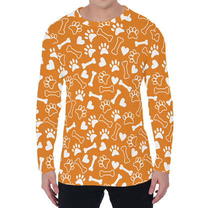 Orange Paw And Bone Pattern Print Men's Long Sleeve T-Shirt