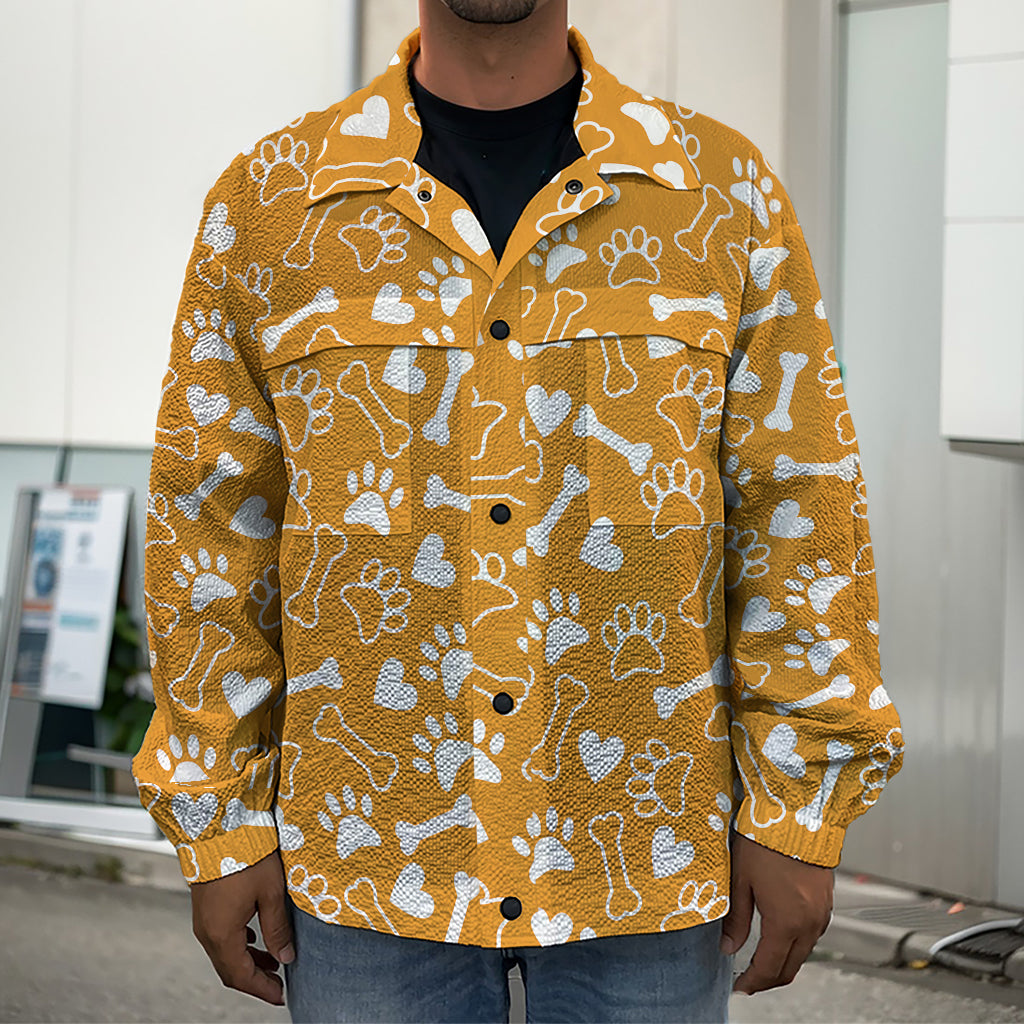 Orange Paw And Bone Pattern Print Men's Shirt Jacket