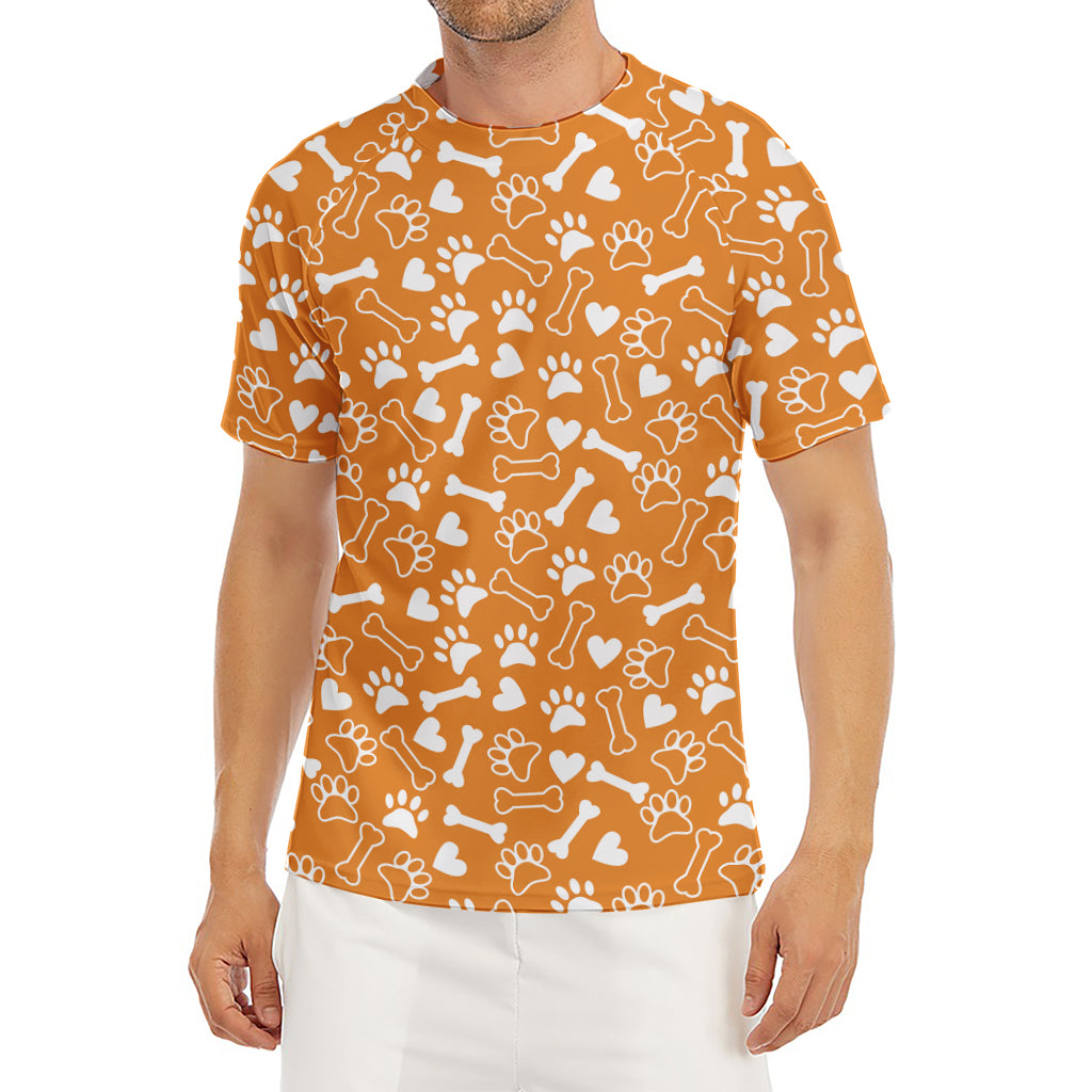 Orange Paw And Bone Pattern Print Men's Short Sleeve Rash Guard