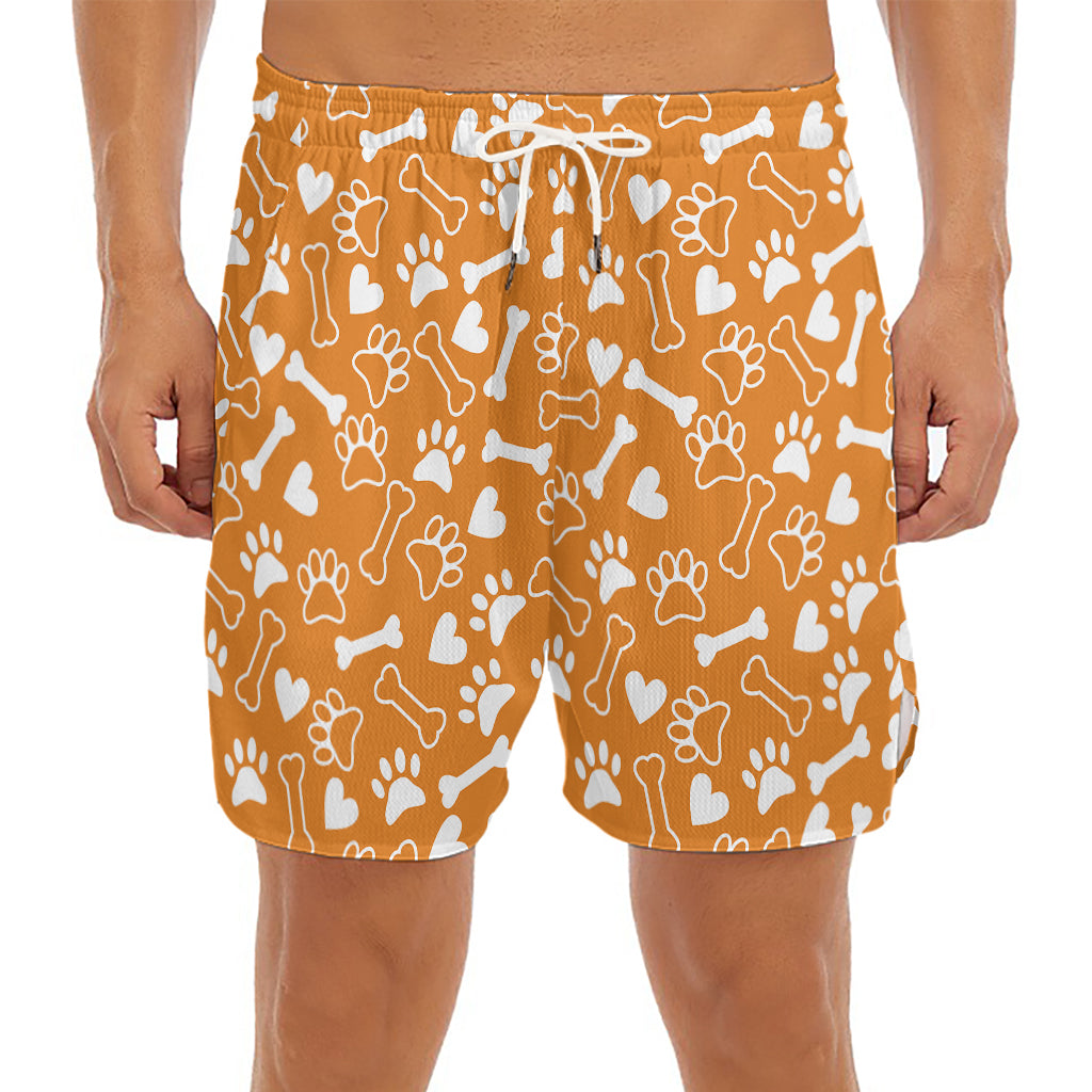 Orange Paw And Bone Pattern Print Men's Split Running Shorts