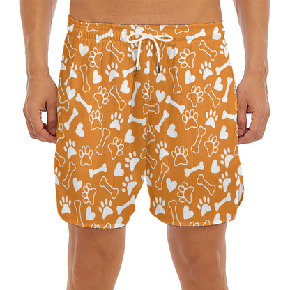 Orange Paw And Bone Pattern Print Men's Split Running Shorts