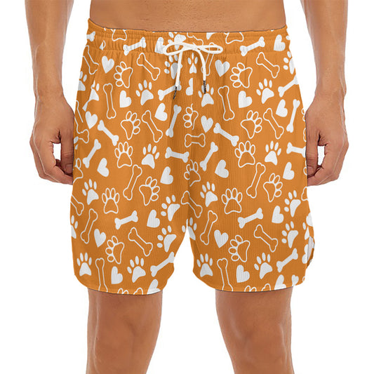 Orange Paw And Bone Pattern Print Men's Split Running Shorts