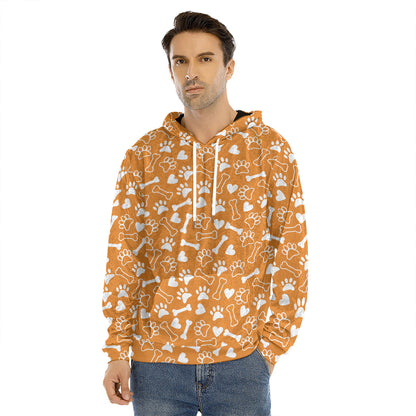 Orange Paw And Bone Pattern Print Men's Velvet Pullover Hoodie