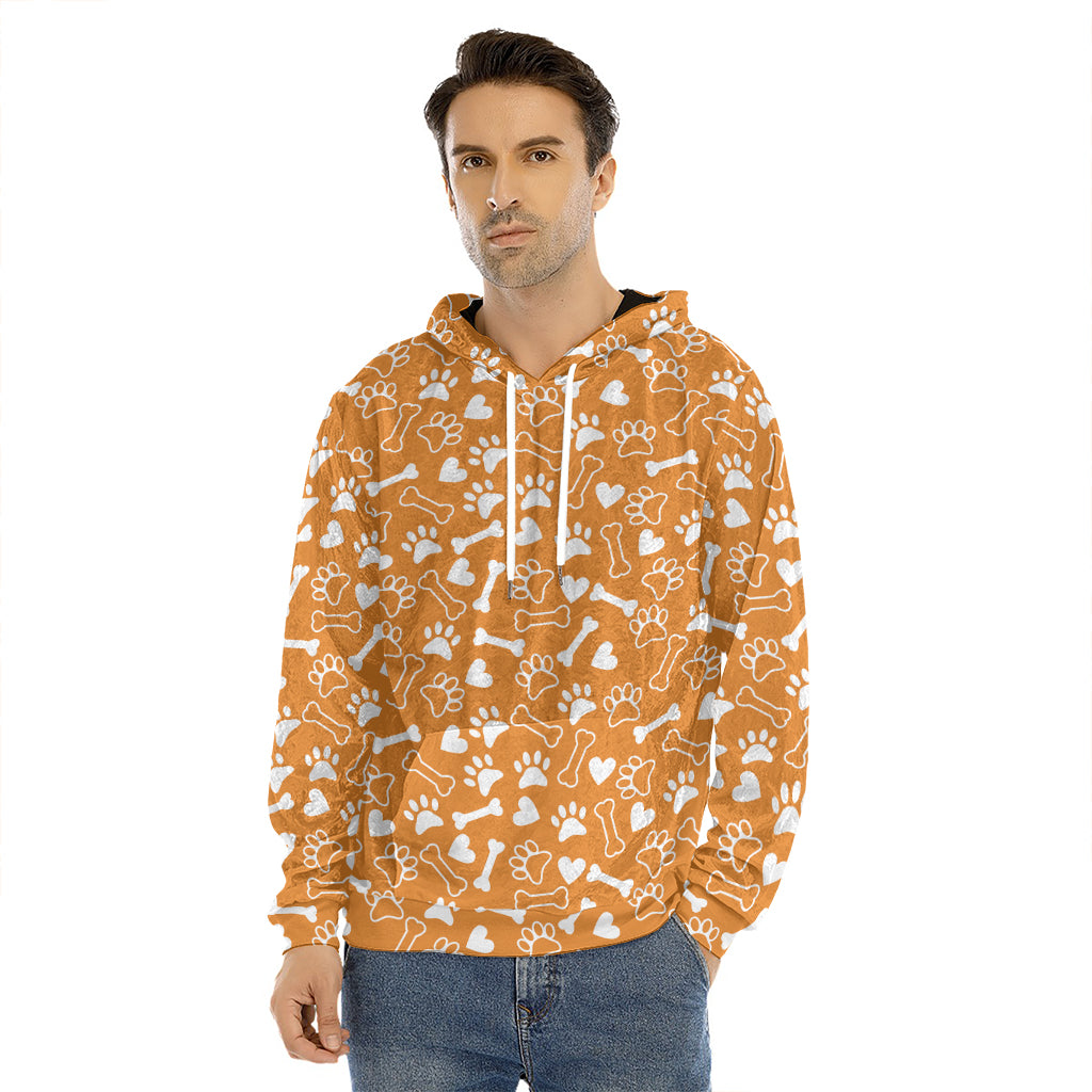 Orange Paw And Bone Pattern Print Men's Velvet Pullover Hoodie