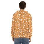 Orange Paw And Bone Pattern Print Men's Velvet Pullover Hoodie