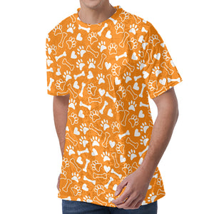 Orange Paw And Bone Pattern Print Men's Velvet T-Shirt