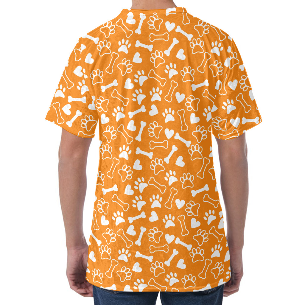 Orange Paw And Bone Pattern Print Men's Velvet T-Shirt