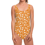 Orange Paw And Bone Pattern Print One Piece Swimsuit