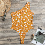 Orange Paw And Bone Pattern Print One Shoulder Bodysuit