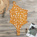 Orange Paw And Bone Pattern Print One Shoulder Bodysuit