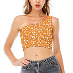 Orange Paw And Bone Pattern Print One Shoulder Crop Top