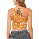Orange Paw And Bone Pattern Print One Shoulder Crop Top