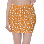Orange Paw And Bone Pattern Print Pencil Mini Skirt
