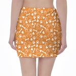 Orange Paw And Bone Pattern Print Pencil Mini Skirt