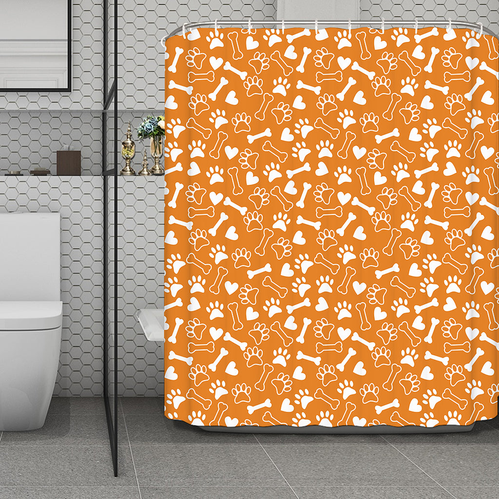Orange Paw And Bone Pattern Print Polyester Shower Curtain