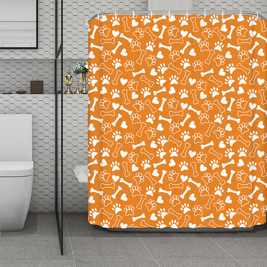 Orange Paw And Bone Pattern Print Polyester Shower Curtain