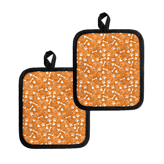 Orange Paw And Bone Pattern Print Pot Holders