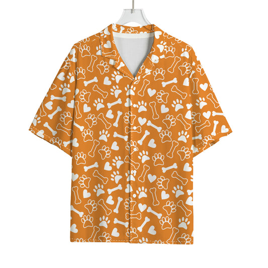 Orange Paw And Bone Pattern Print Rayon Hawaiian Shirt