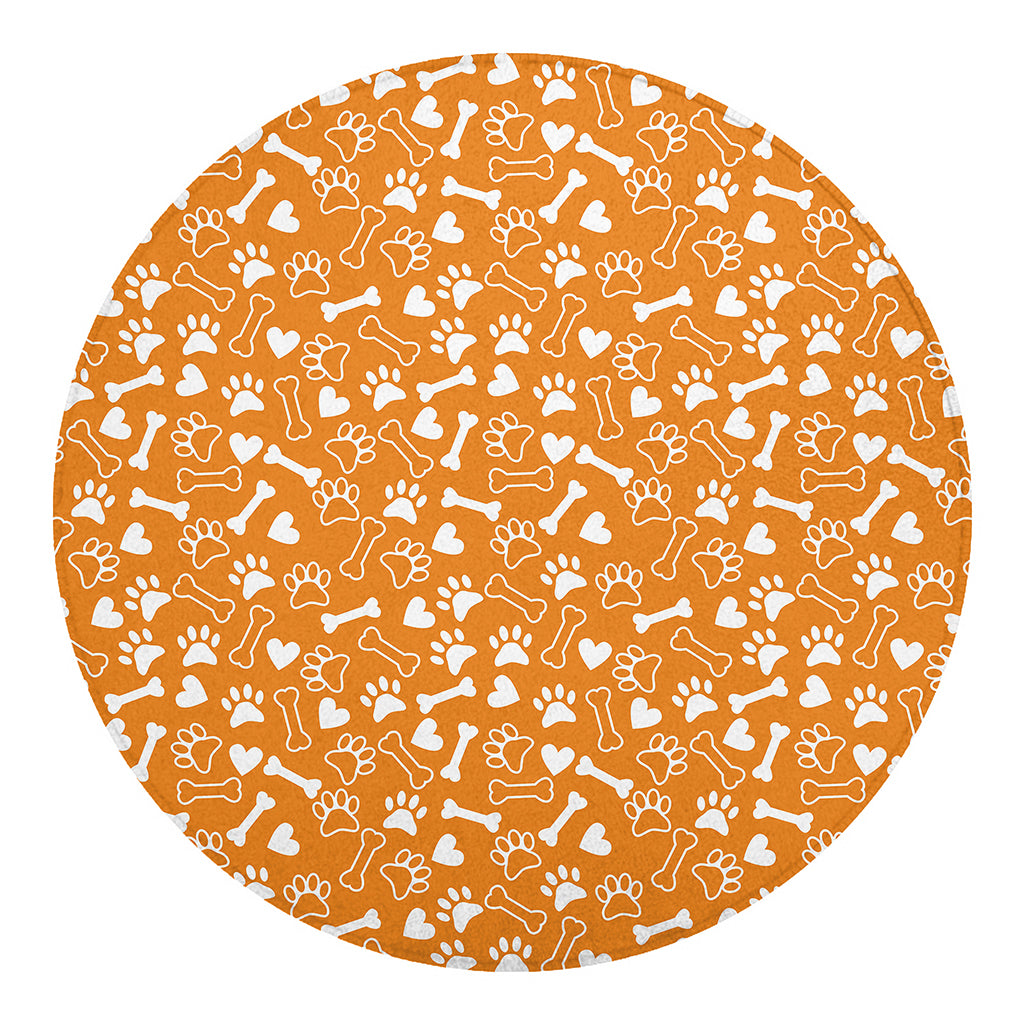 Orange Paw And Bone Pattern Print Round Blanket