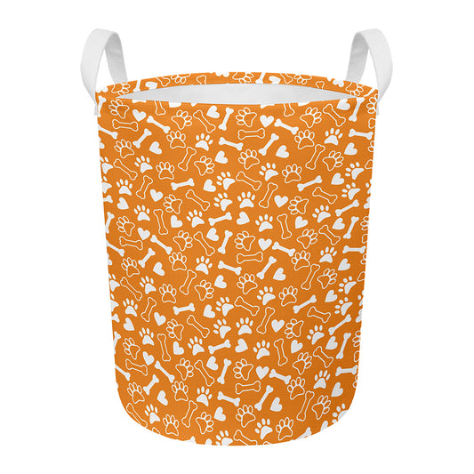 Orange Paw And Bone Pattern Print Round Laundry Basket