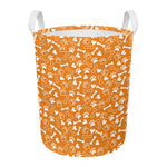 Orange Paw And Bone Pattern Print Round Laundry Basket