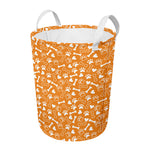 Orange Paw And Bone Pattern Print Round Laundry Basket
