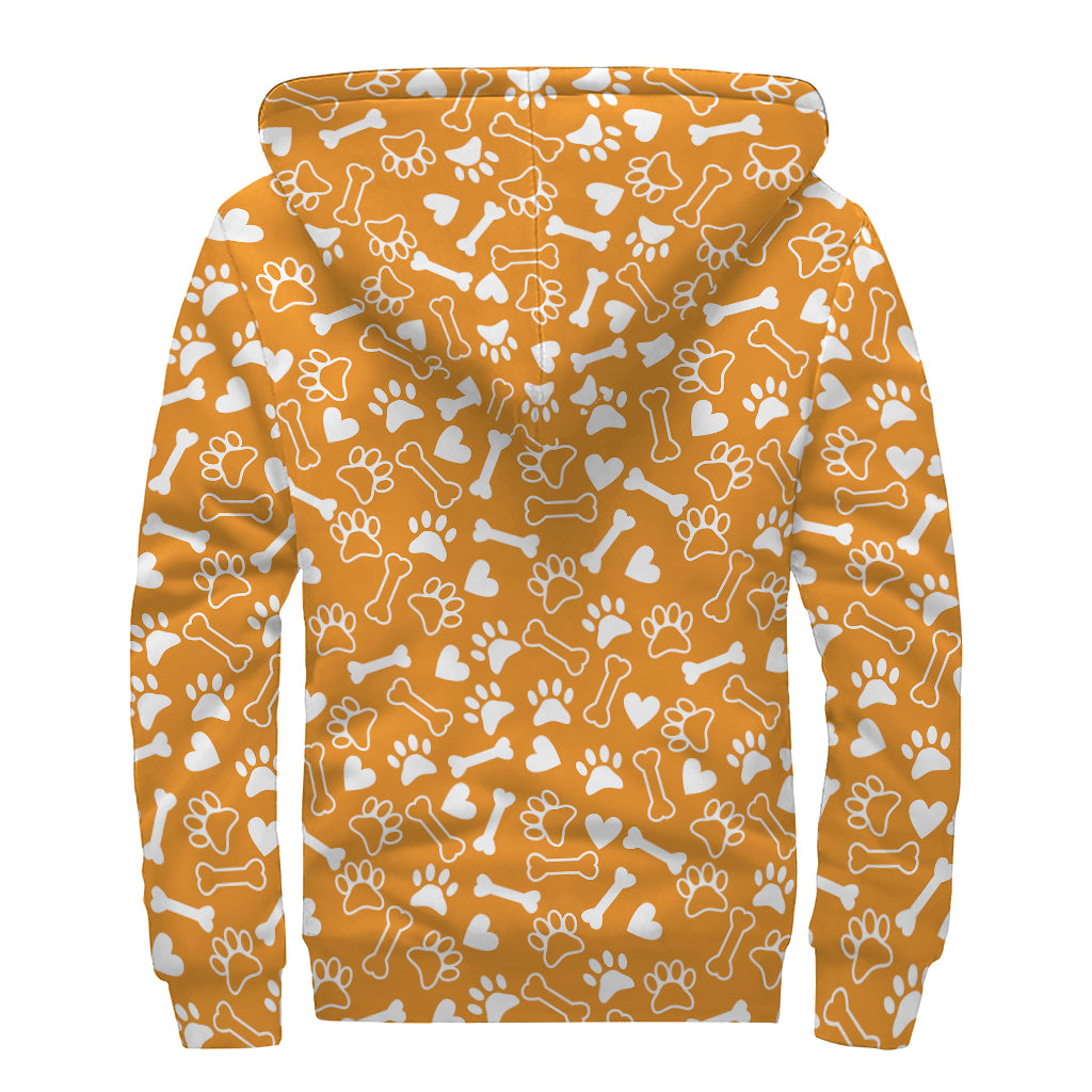 Orange Paw And Bone Pattern Print Sherpa Lined Zip Up Hoodie