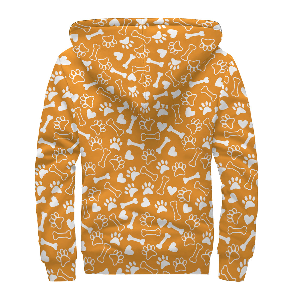 Orange Paw And Bone Pattern Print Sherpa Lined Zip Up Hoodie