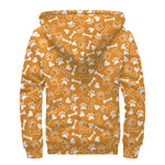Orange Paw And Bone Pattern Print Sherpa Lined Zip Up Hoodie