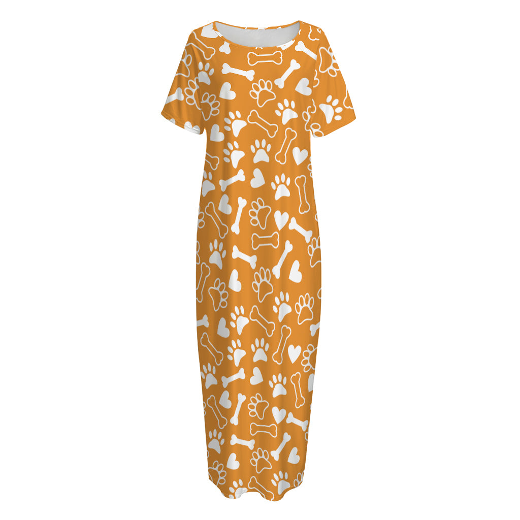 Orange Paw And Bone Pattern Print Short Sleeve Long Nightdress