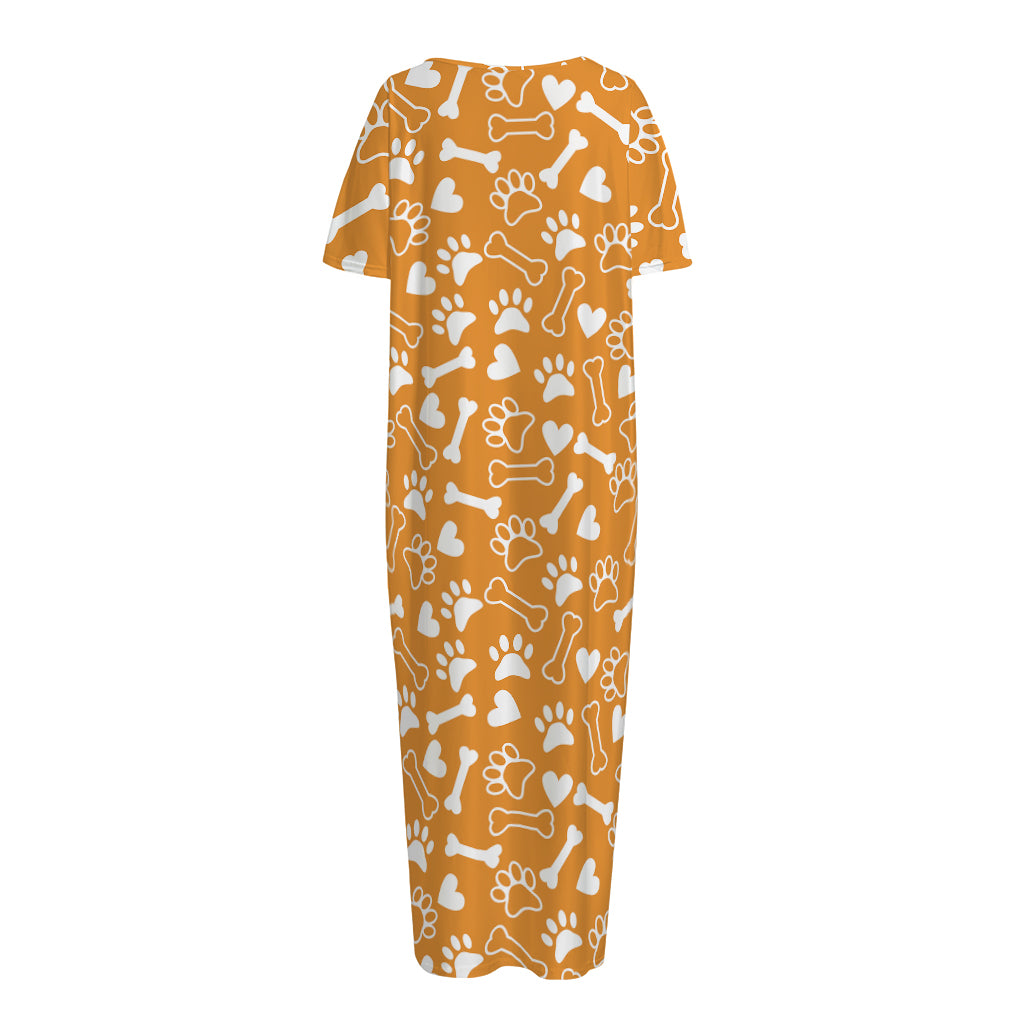 Orange Paw And Bone Pattern Print Short Sleeve Long Nightdress