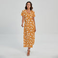 Orange Paw And Bone Pattern Print Short Sleeve Maxi Dress