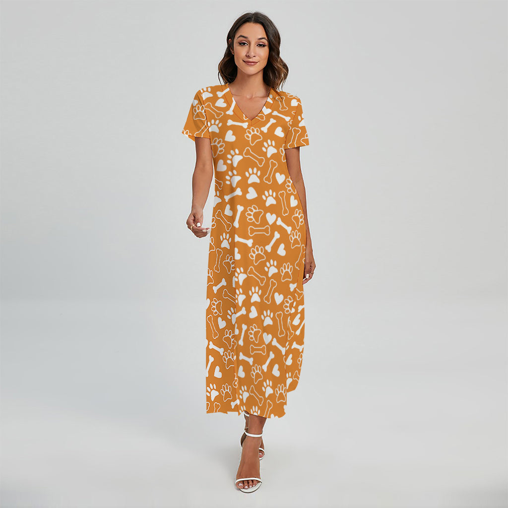 Orange Paw And Bone Pattern Print Short Sleeve Maxi Dress