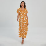 Orange Paw And Bone Pattern Print Short Sleeve Maxi Dress