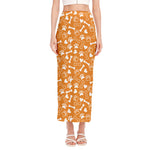 Orange Paw And Bone Pattern Print Side Slit Maxi Skirt