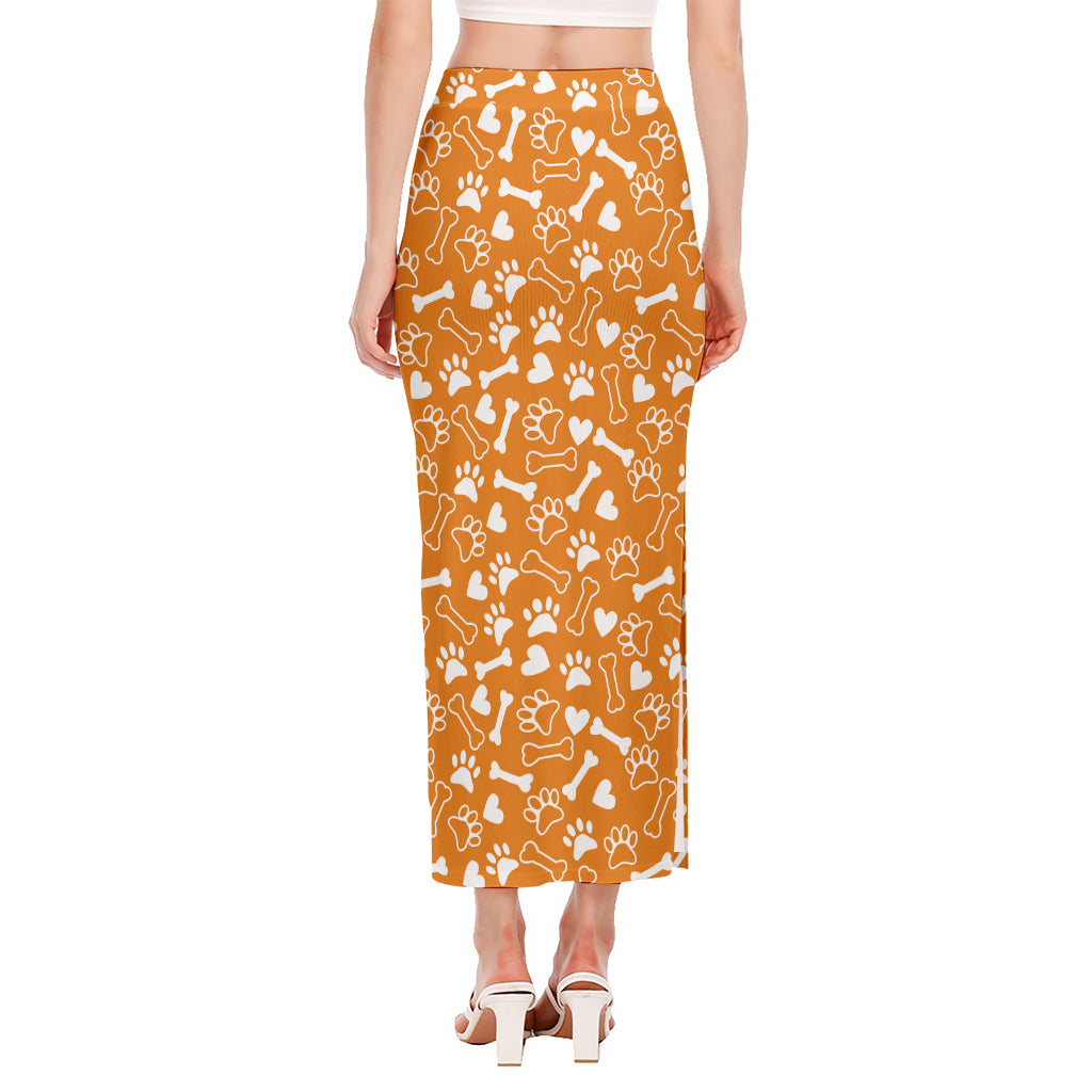 Orange Paw And Bone Pattern Print Side Slit Maxi Skirt