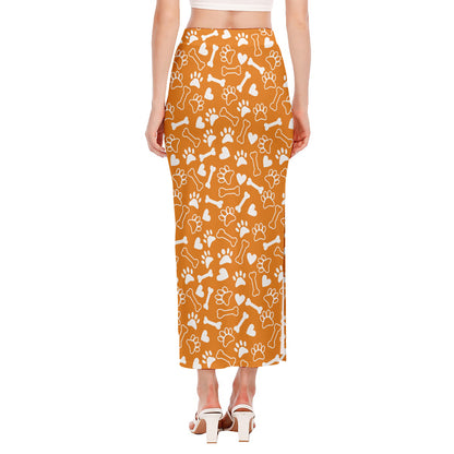 Orange Paw And Bone Pattern Print Side Slit Maxi Skirt