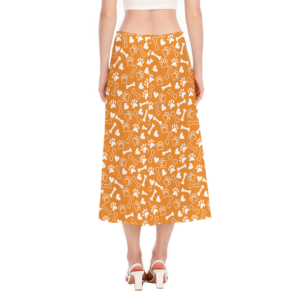 Orange Paw And Bone Pattern Print Side Slit Midi Skirt