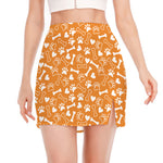 Orange Paw And Bone Pattern Print Side Slit Mini Skirt