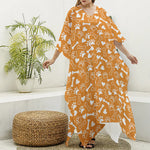 Orange Paw And Bone Pattern Print Silk V-Neck Kaftan Dress