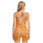 Orange Paw And Bone Pattern Print Sleeveless One Piece Swimsuit