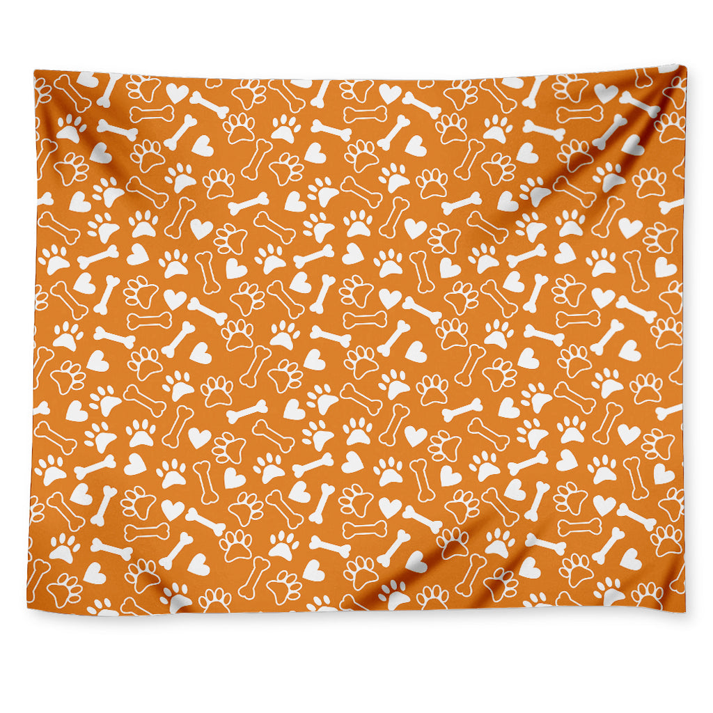 Orange Paw And Bone Pattern Print Tapestry