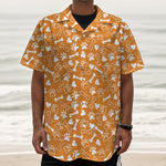 Orange Paw And Bone Pattern Print Textured Short Sleeve Shirt
