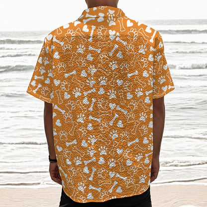 Orange Paw And Bone Pattern Print Textured Short Sleeve Shirt