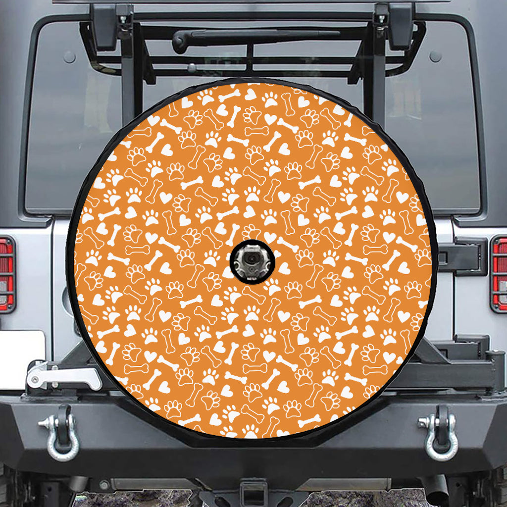 Orange Paw And Bone Pattern Print Tire Cover With Camera Hole