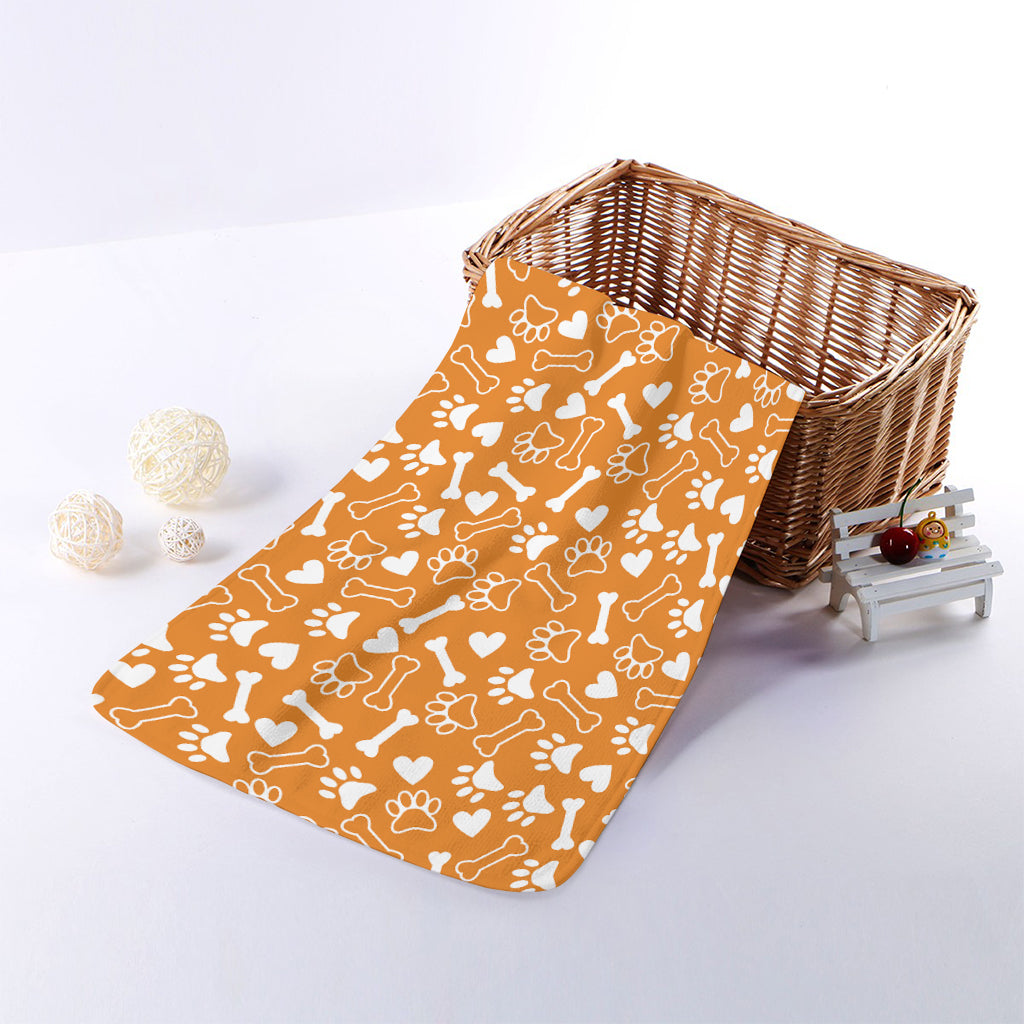 Orange Paw And Bone Pattern Print Towel