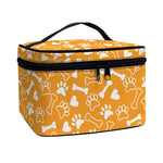 Orange Paw And Bone Pattern Print Travel Makeup Bag